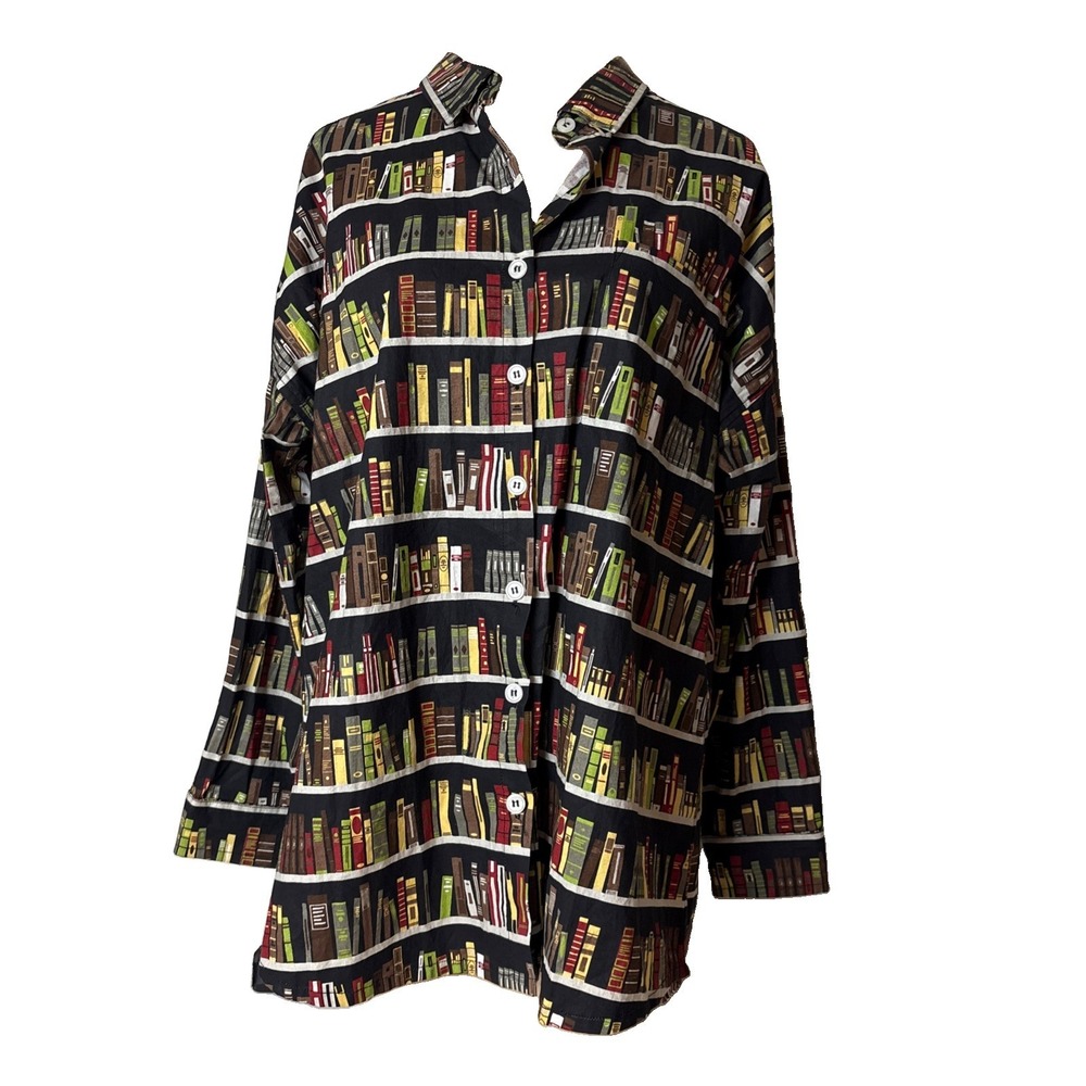 Signals Womens L Multicolor Books Graphic Button up shirt Long Sleeve Cotton